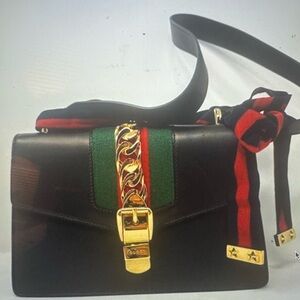 Gucci Sylvie Black and Green Crossbody Bag with Gold Accents